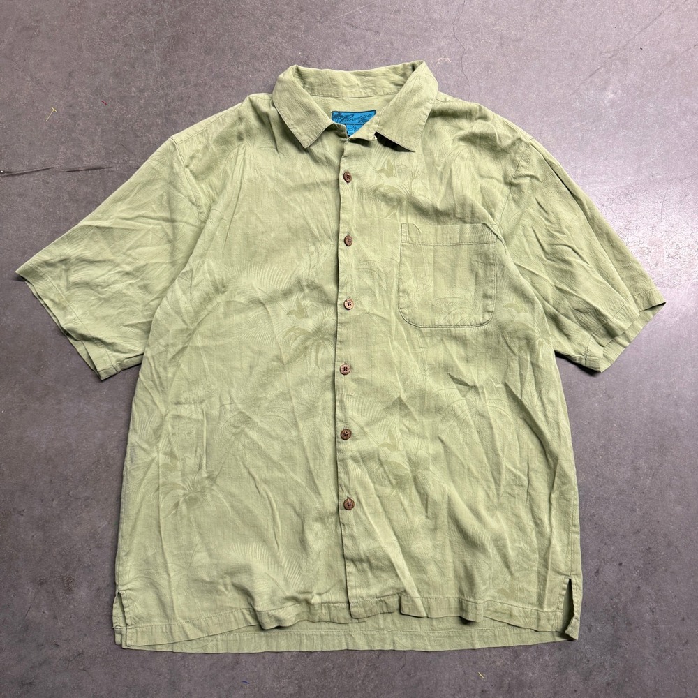 Paradise Blue Mens XL Sage Green Palm Jacquard Cotton Bamboo Button Down Shirt
